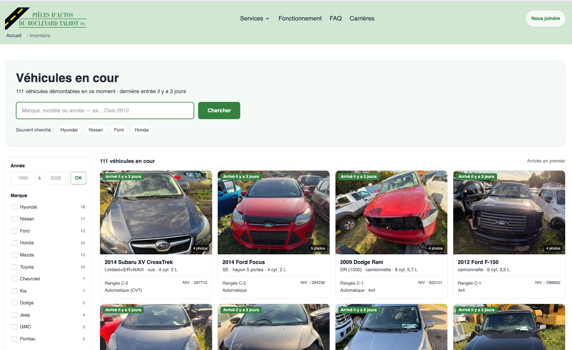 Inventaire en ligne de Pièces d'autos du boulevard Talbot : 111 véhicules en cour, recherche par marque, modèle ou année, filtres par marque et fiches avec photos, rangée et fin du NIV.
